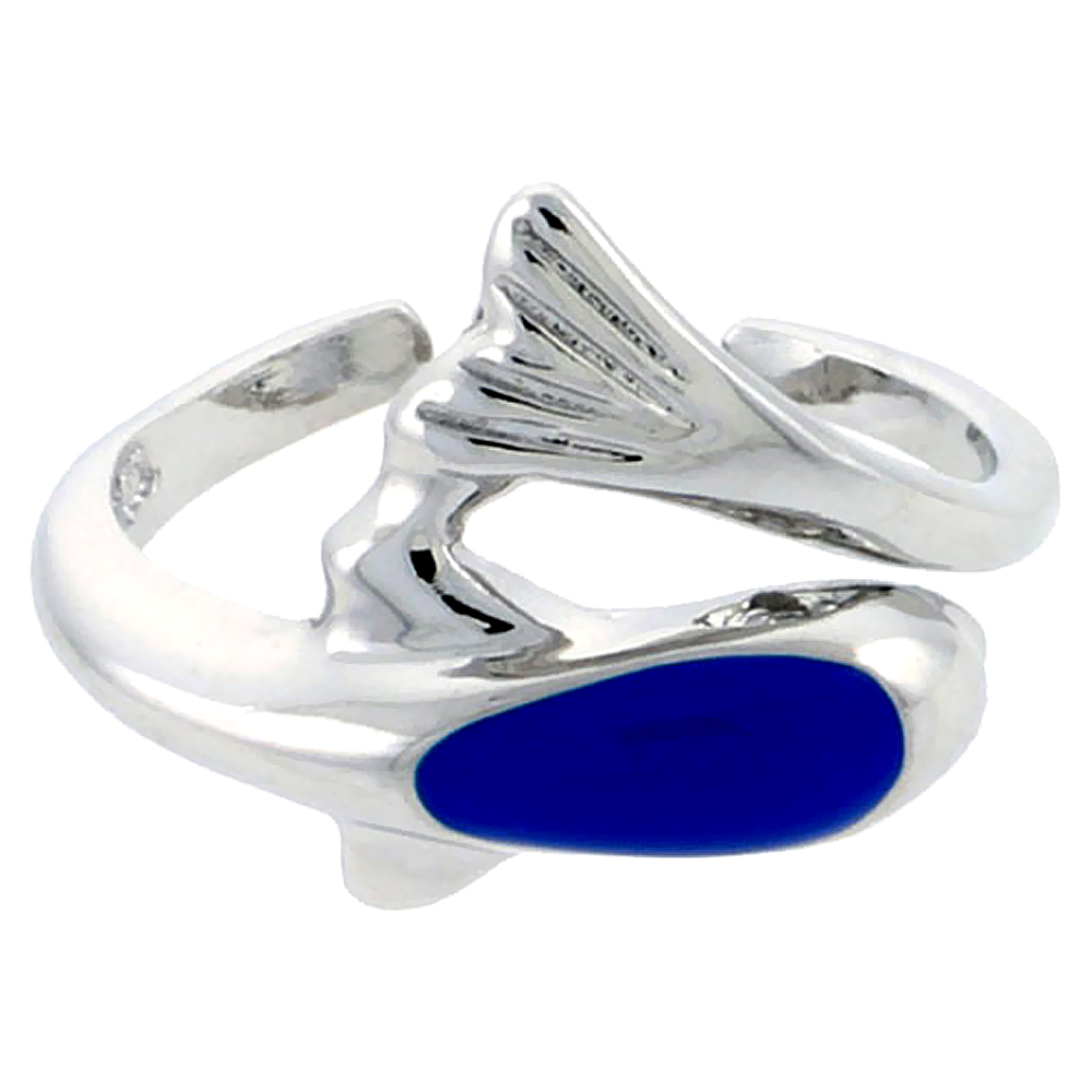 Sterling Silver Toe Ring Dolphin Ring Adjustable Blue enameled 7/16 inch wide