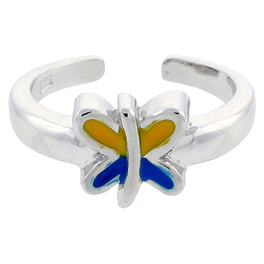 Sterling Silver Toe Ring tiny Butterfly Ring Adjustable Blue & Yellow enameled 1/4 inch wide