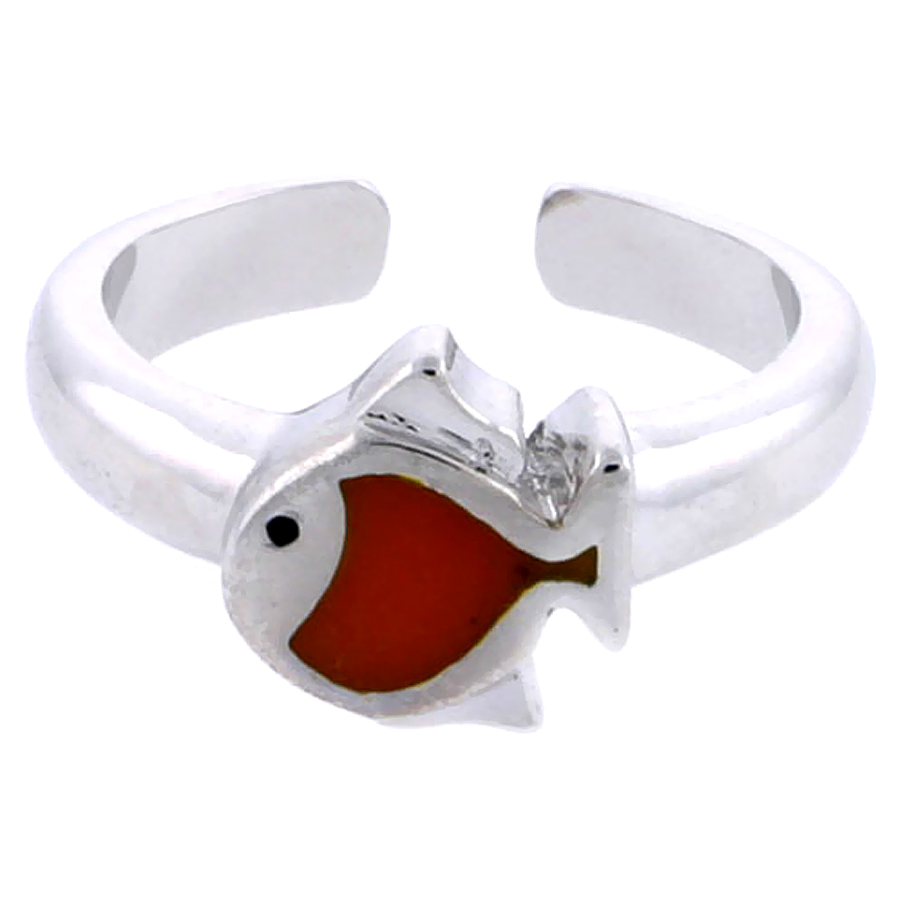 Sterling Silver Toe Ring tiny Fish Ring Adjustable Orange enameled 5/16 inch wide