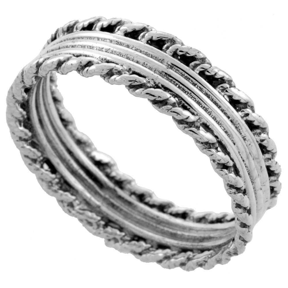 Sterling Silver Bali Style Rope Ring 1/4 inch wide sizes 6 - 10