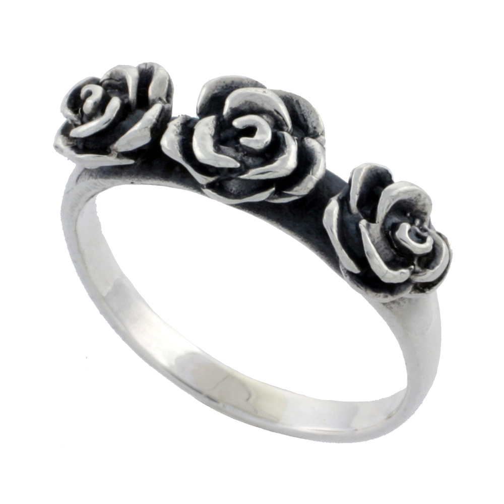 Sterling Silver 3 Rose Ring 1/4 inch sizes 6 - 10