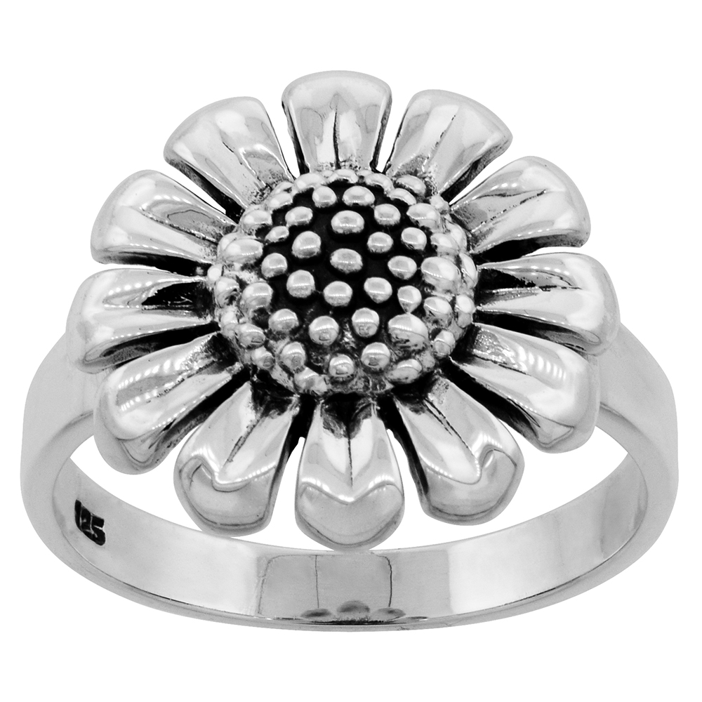 Sterling Silver Sunflower Ring Large 5/8 inch wide sizes 6 - 10