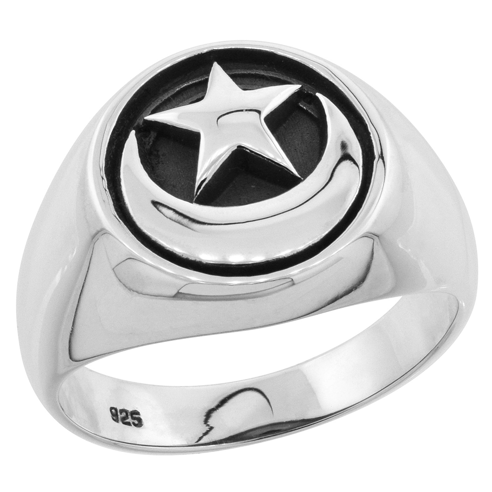 2 Sizes Sterling Silver Crescent Moon and Star Ring for Men and Women Flawless Finish sizes 6 - 13