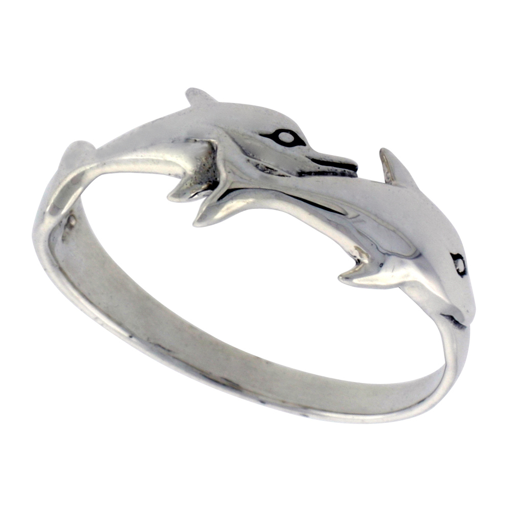Sterling Silver Dolphin Double Dolphin Ring for Women 3/8 inch wide sizes 6 - 10