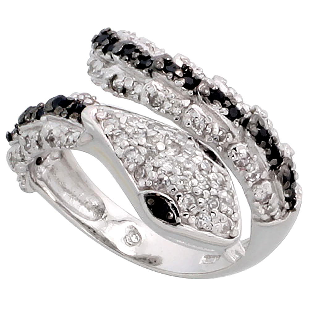 Sterling Silver Black CZ Snake Ring for Women 1/2 inch wide