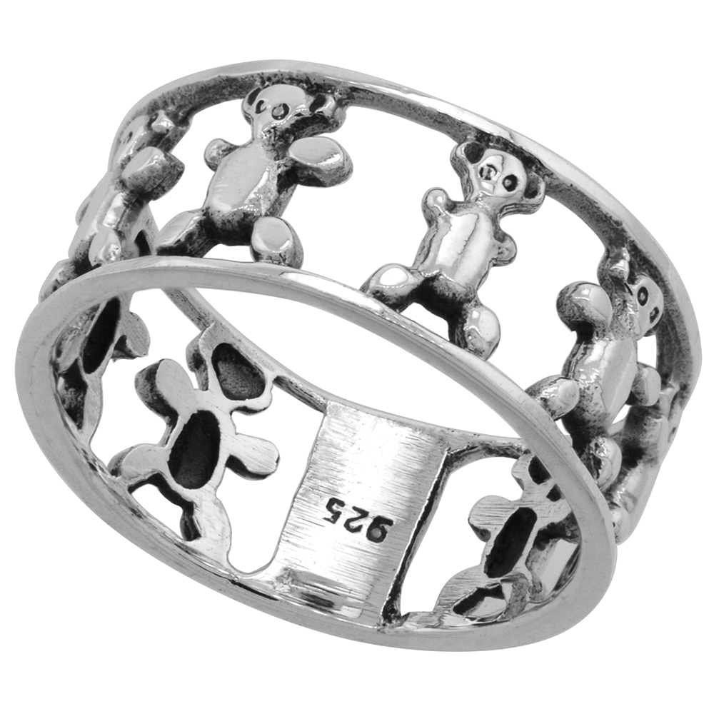 Sterling Silver Teddy Bears Ring for Women 5/16 inch wide sizes 6 - 10