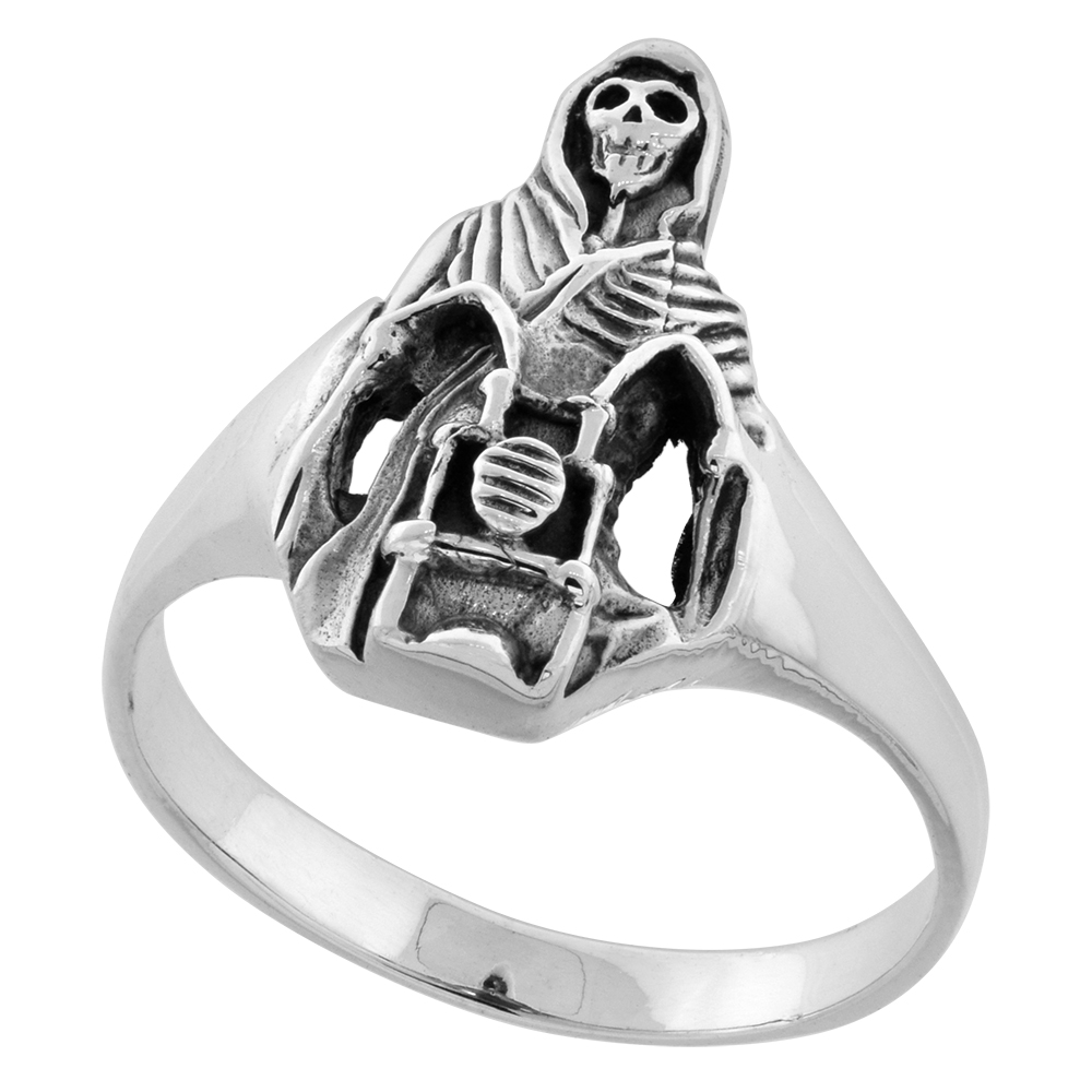 Sterling Silver Grim Reaper on Motorcycle Ring 3/4 inch wide sizes 6 to 15