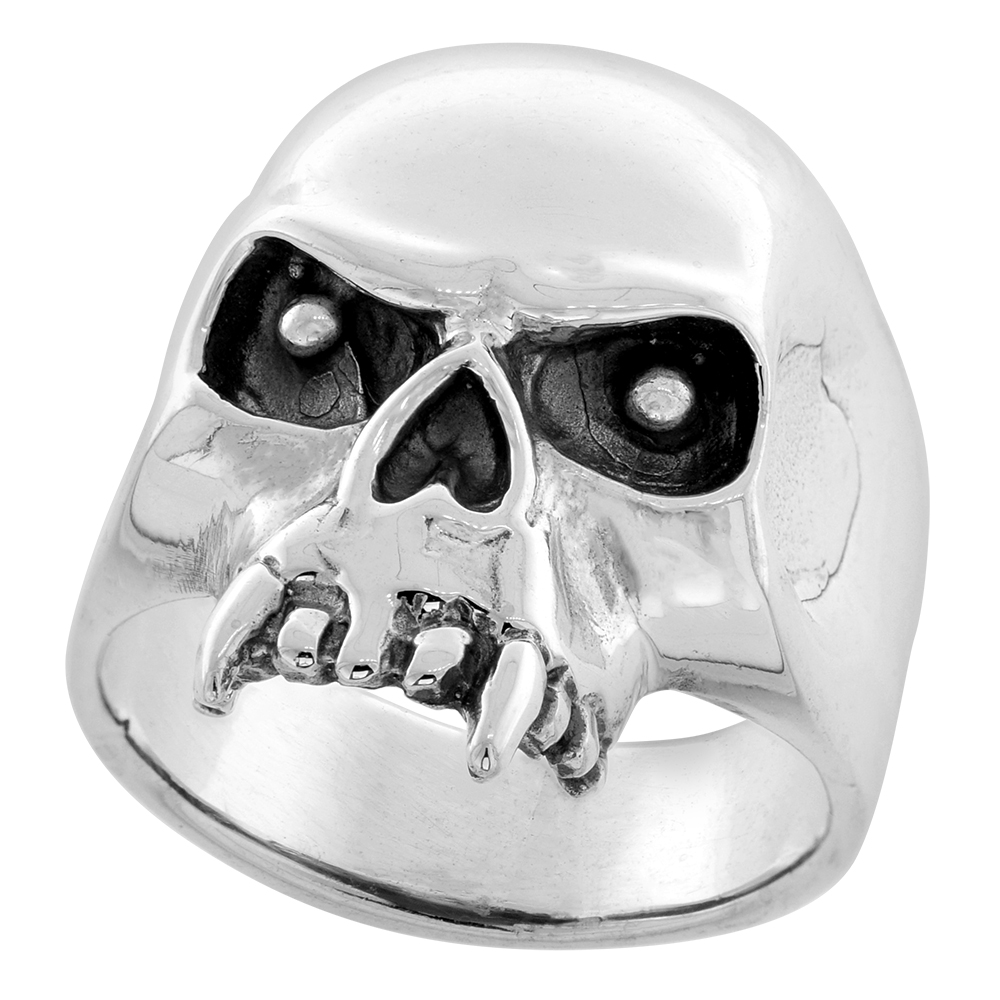 Sterling Silver Fanged Skull Ring 1 1/8 inch wide sizes 8 to 14
