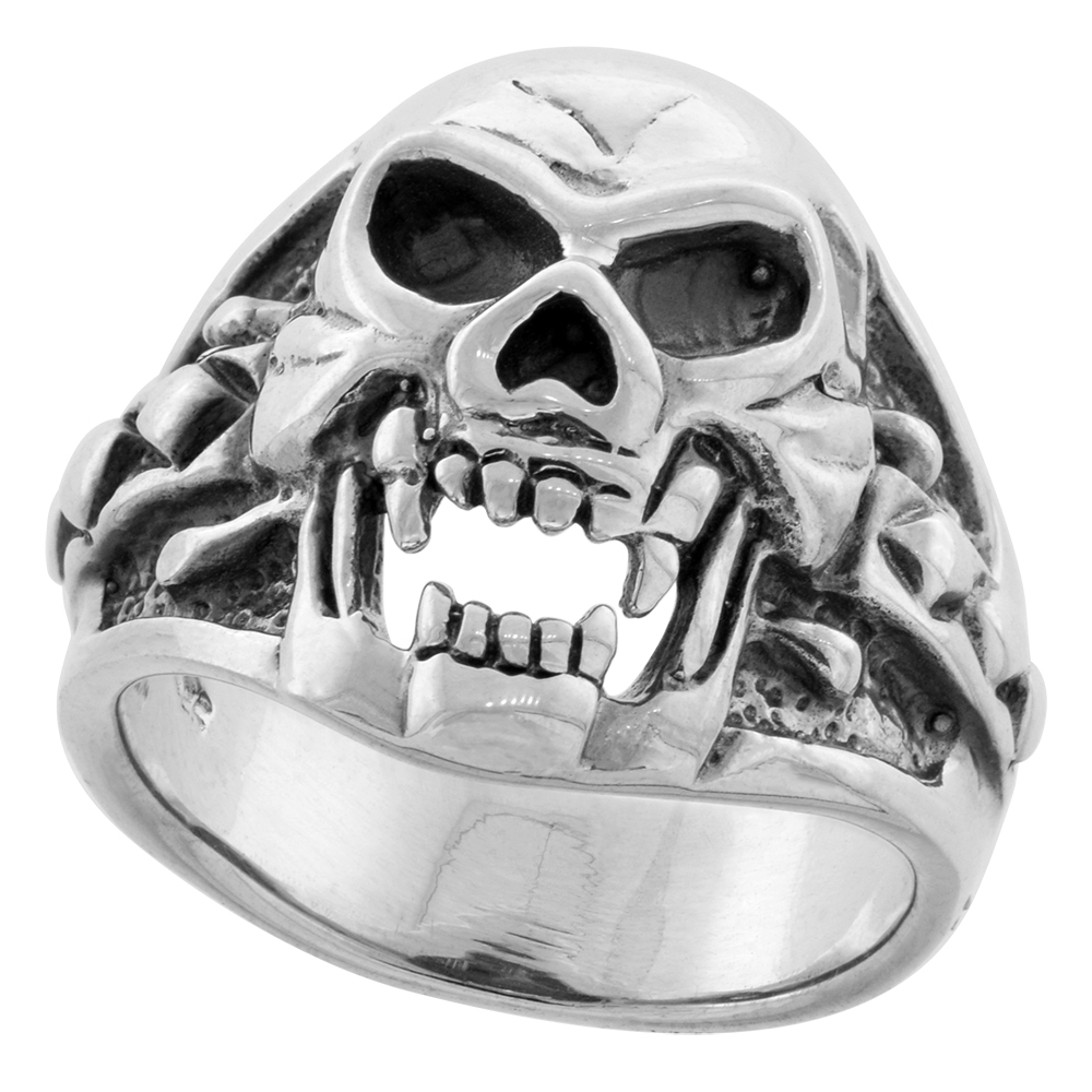 Sterling Silver Fanged Skull Ring 7/8 inch wide sizes 8 to 14