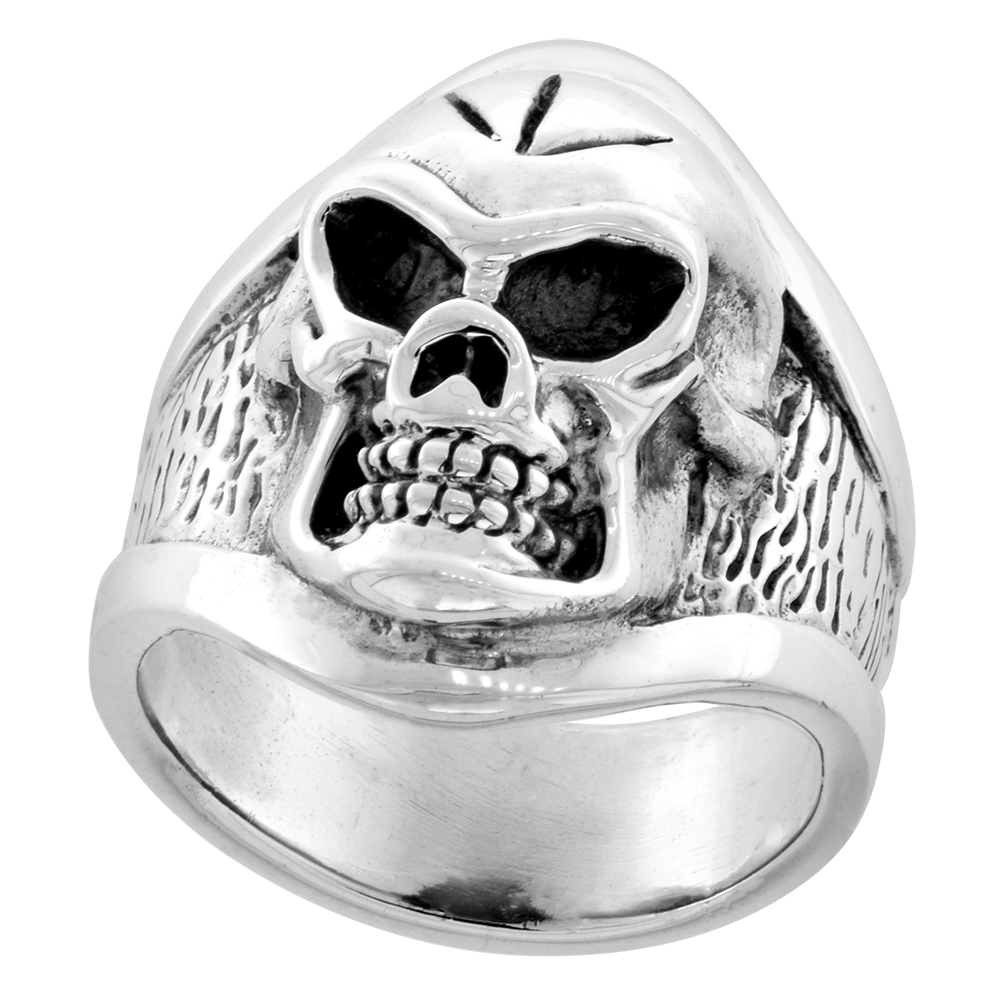 Sterling Silver Mean Looking Skull Ring 1 inch wide sizes 8 to 14