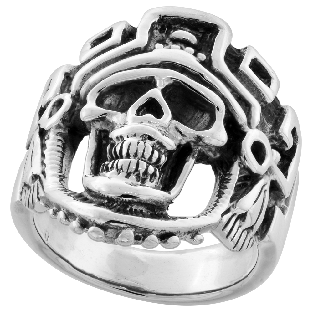 Sterling Silver Aztec King Skull Ring 1 inch wide sizes 8 to 14