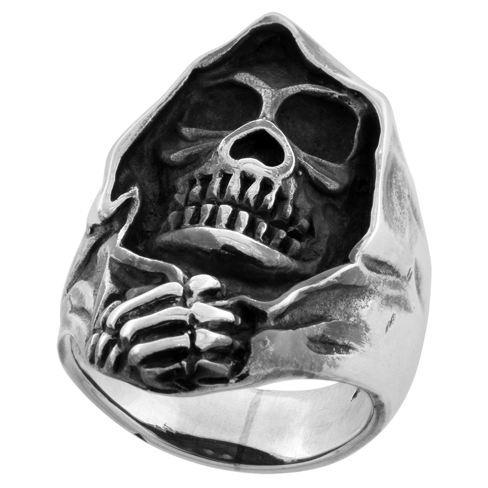 Sterling Silver Grim Reaper Skull Ring 1 3/8 inch wide
