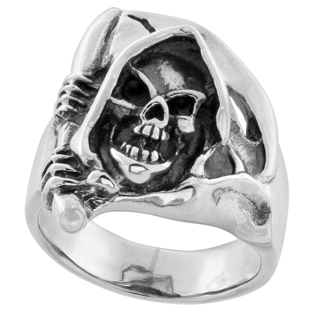 Sterling Silver Grim Reaper Skull Ring 1 inch wide sizes 8 to 14