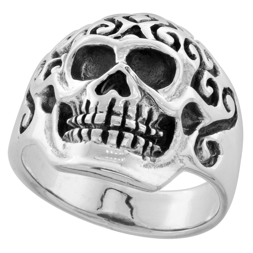 Sterling Silver Tattooed Skull Ring 7/8 inch wide sizes 8 to 14