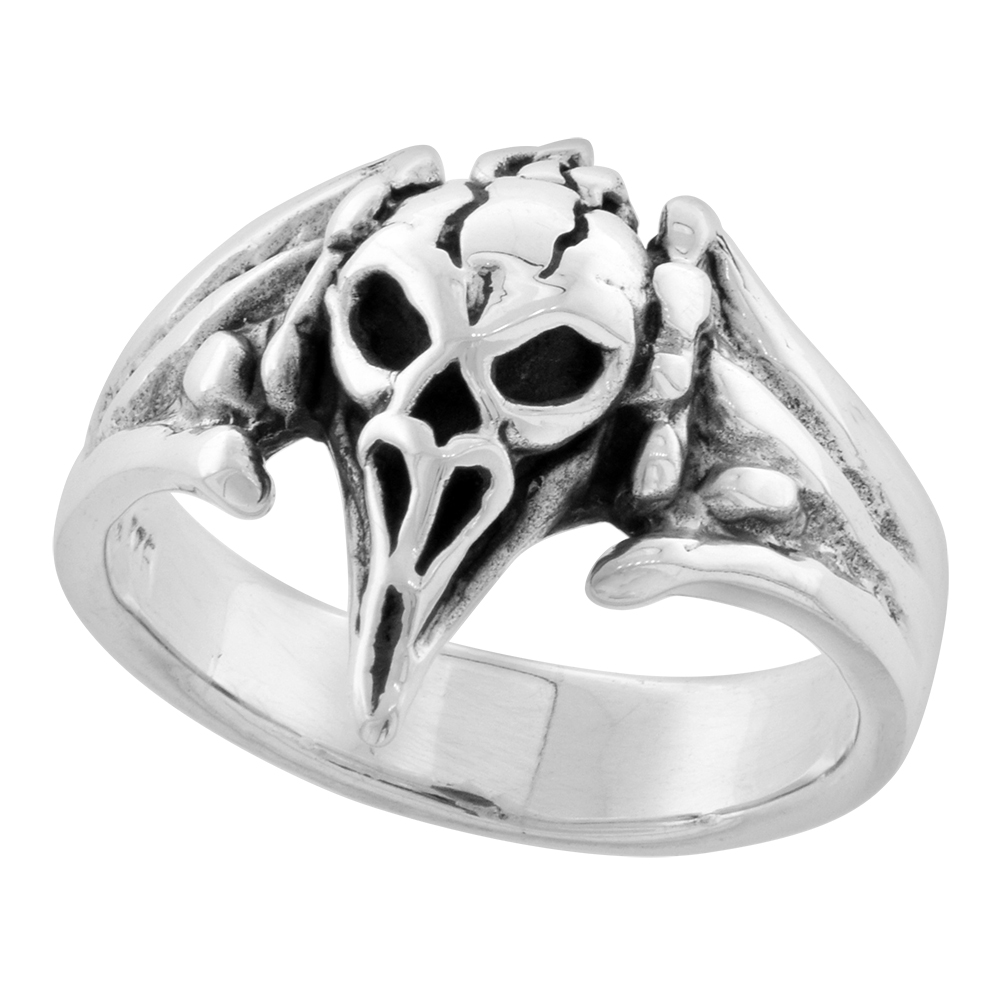 Sterling Silver Vulture Skull Ring 3/4 inch wide sizes 8 to 14