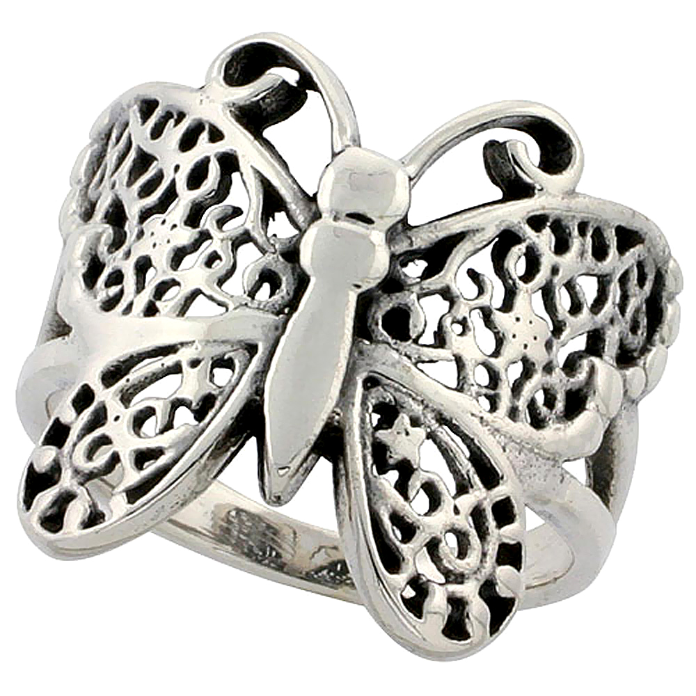 Sterling Silver Butterfly Ring for Women 3/4 inch (20mm) Long