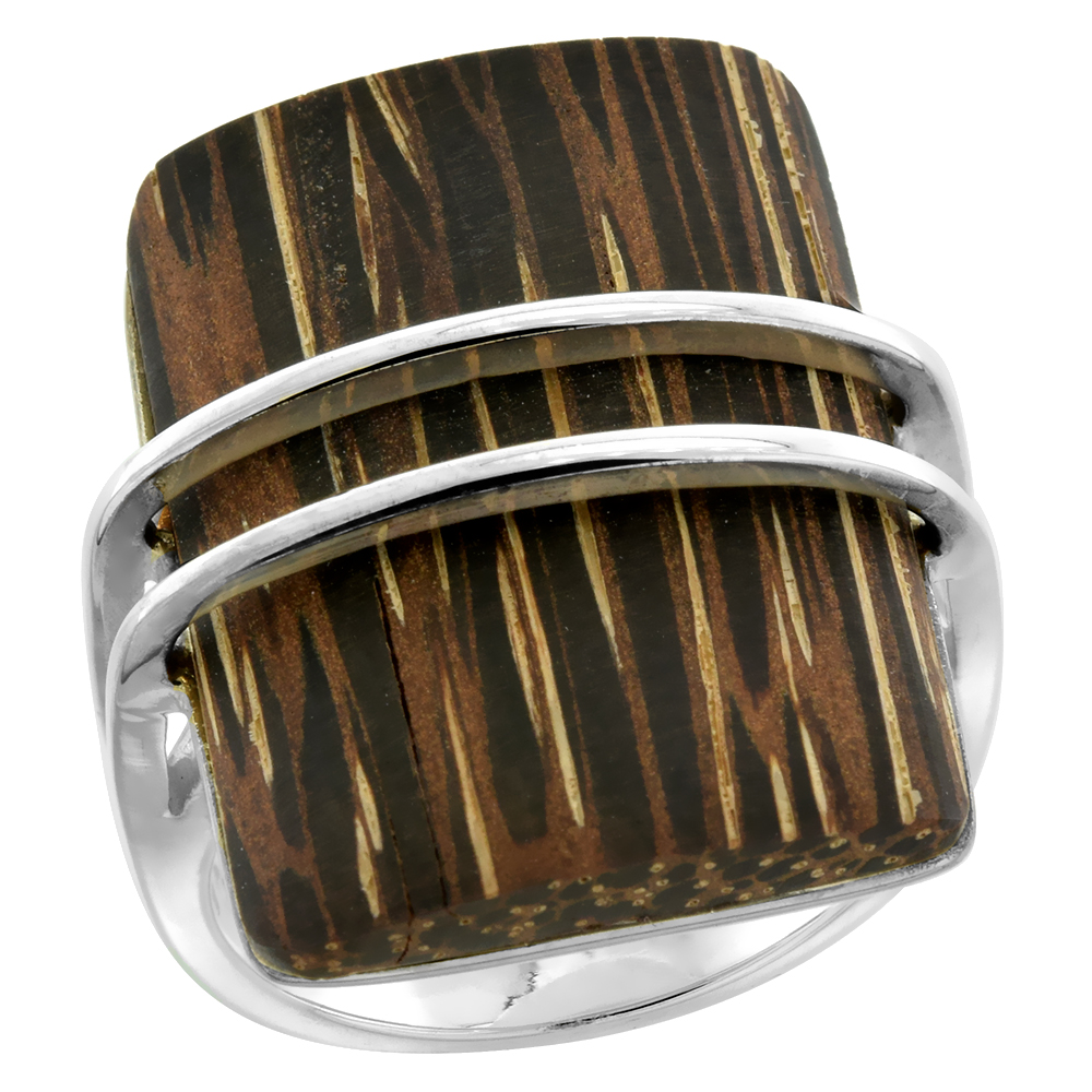 Sterling Silver Rectangular Tigerwood Ring for Women 15/16 inch wide sizes 6-10