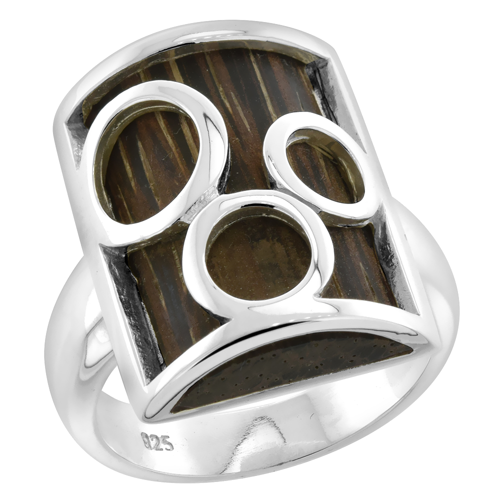 Sterling Silver Bubble Design Rectangular Tigerwood Ring for Women Triple Circle Cut Outs 7/8 inch wide sizes 6-10
