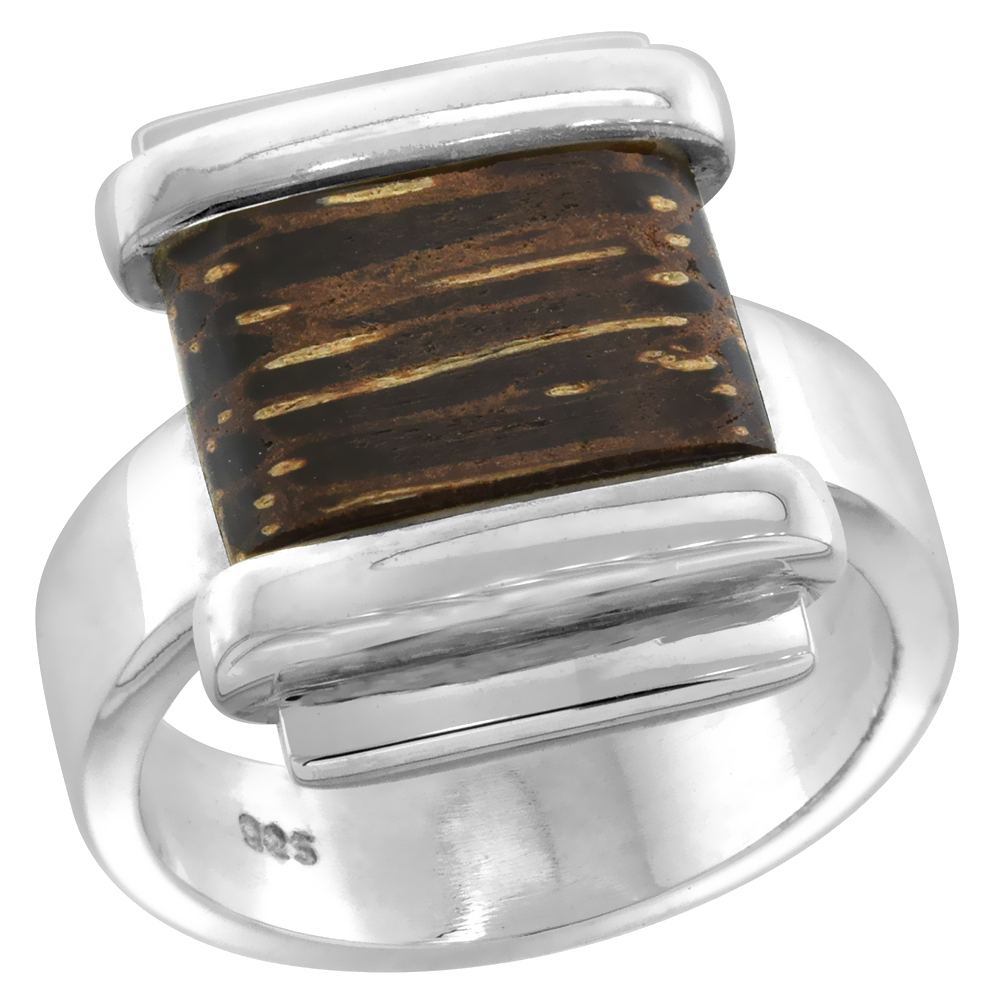 Sterling Silver Square shaped Tigerwood Ring for Women 5/8 inch wide sizes 6-10