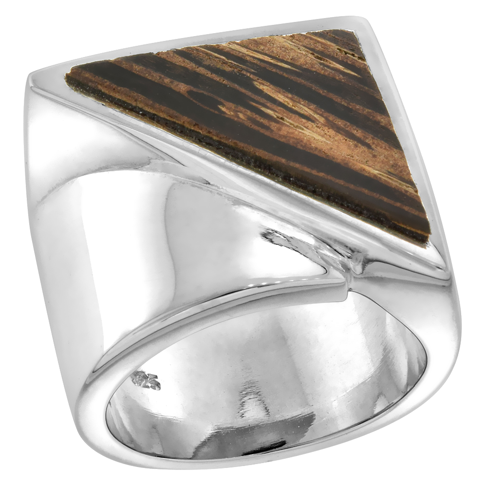Sterling Silver Triangular Tigerwood Ring for Women 11/16 inch wide sizes 6-10