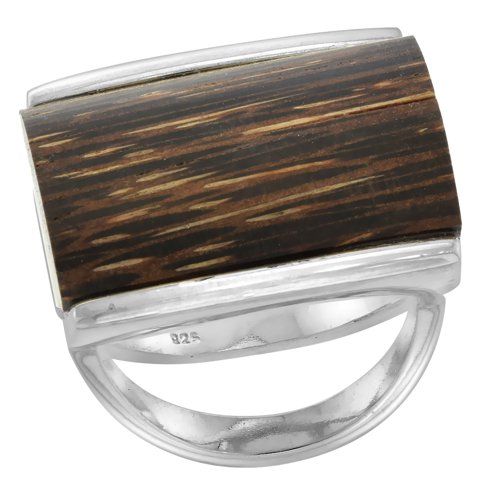 Sterling Silver Rectangular Tigerwood Ring for Women 5/8 inch wide sizes 6-10