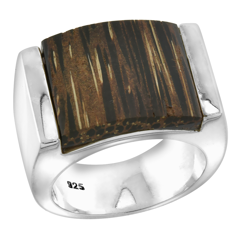 Sterling Silver Square shaped Tigerwood Ring for Women 5/8 inch wide sizes 6-10
