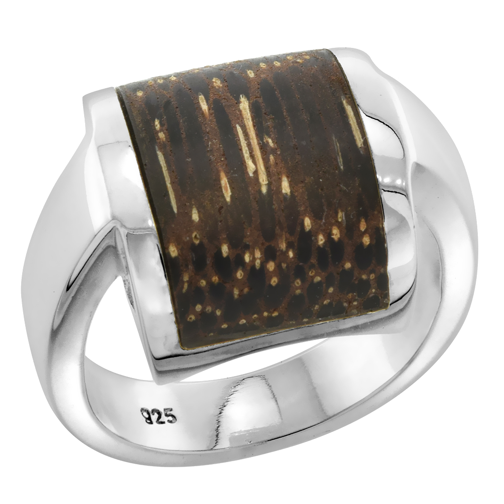 Sterling Silver Square shaped Tigerwood Ring for Women 5/8 inch wide sizes 6-10