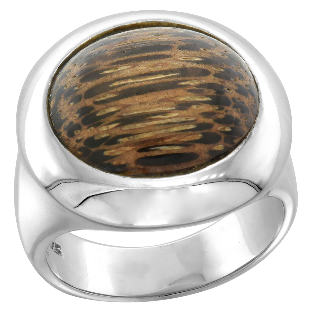 Sterling Silver Round shaped Tigerwood Ring for Women 13/16 inch wide sizes 6-10