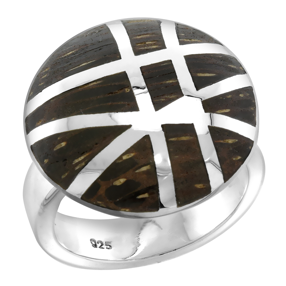 Sterling Silver Gashed Round Tigerwood Ring for Women 13/16 inch wide sizes 6-10