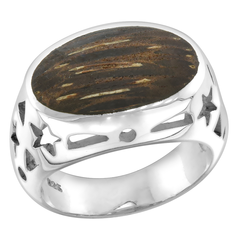 Sterling Silver Oval shaped Tigerwood Ring Ancient Wood Inlay & Teeny Star Cut Outs 9/16 inch wide sizes 6-10
