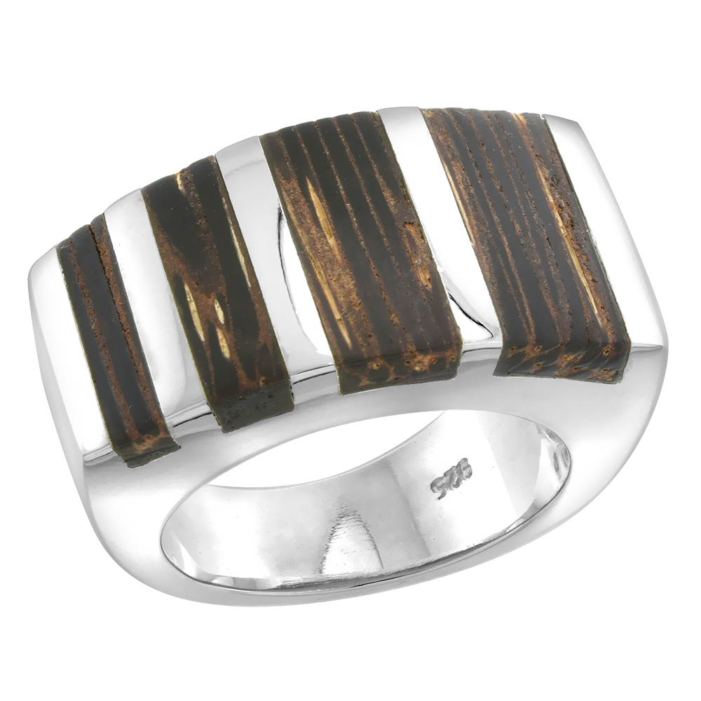 Sterling Silver Striped Rectangular Tigerwood Ring for Women 9/16 inch wide sizes 6-10