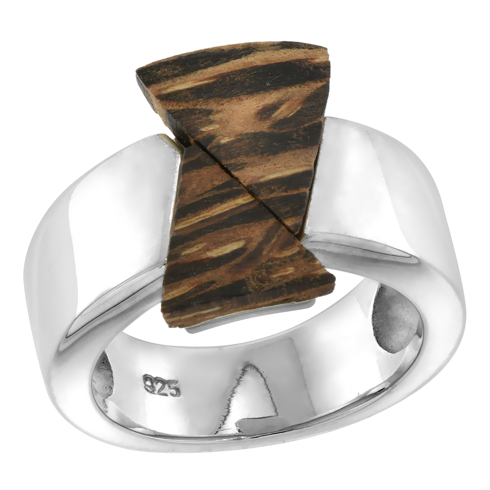 Sterling Silver Double Triangle Tigerwood Ring for Women 5/8 inch wide sizes 6-10