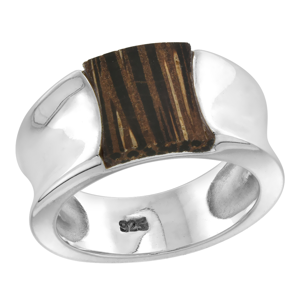 Sterling Silver Concave Tigerwood Ring for Women 3/8 inch wide sizes 6-10