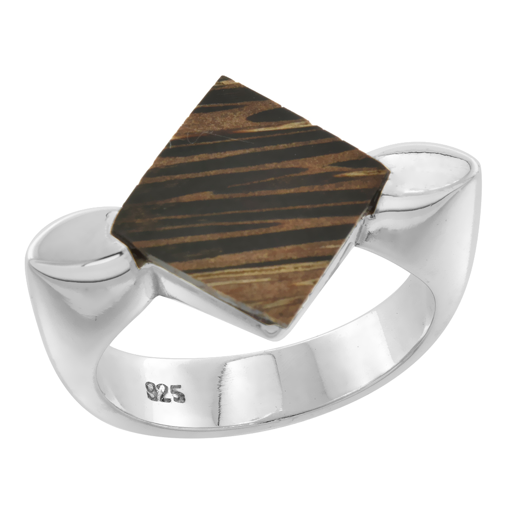 Sterling Silver Diamond shaped Tigerwood Ring for Women 9/16 inch wide sizes 6-10