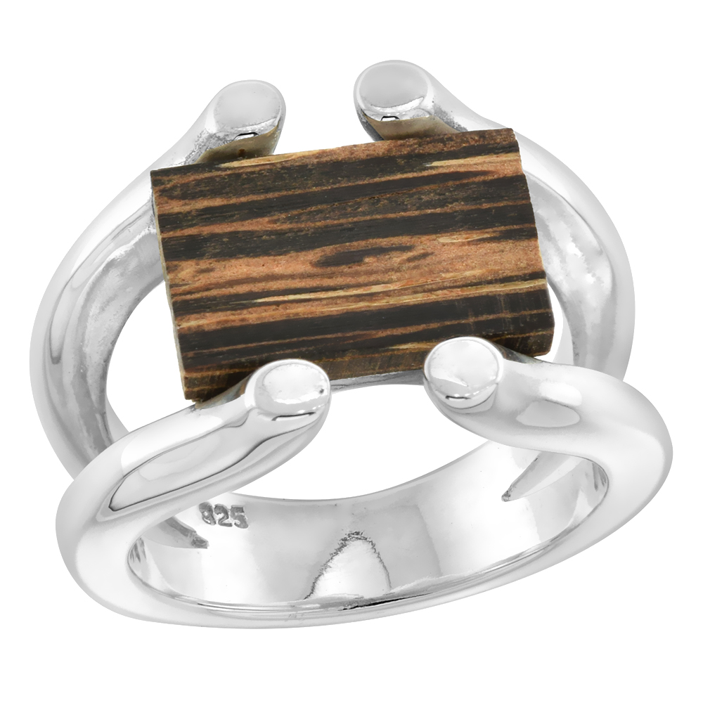 Sterling Silver Wire Tigerwood Ring for Women 5/8 inch wide sizes 6-10