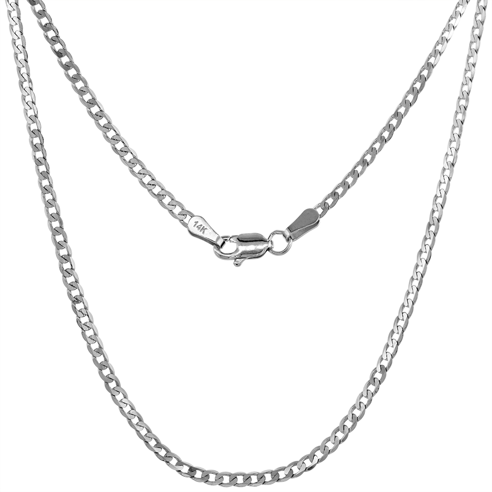 Solid 14k White Gold 2mm Cuban Link Curb Chain Necklace for Women & Men Lobster Clasp Beveled Edges High Polish 16-26 inch