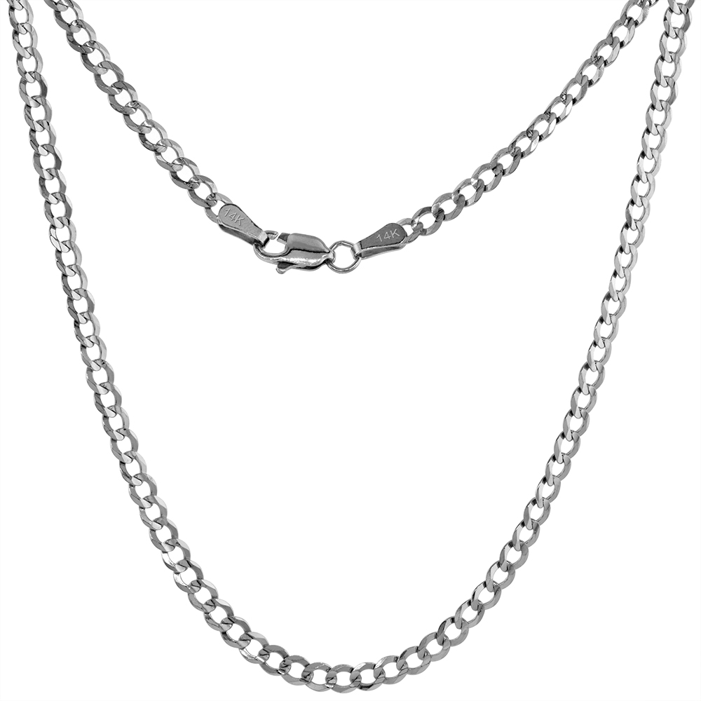 Solid 14k White Gold 3mm Cuban Link Curb Chain Necklaces & Bracelets for Women & Men Concave Cut Lobster Clasp High Polish 7-30 inch