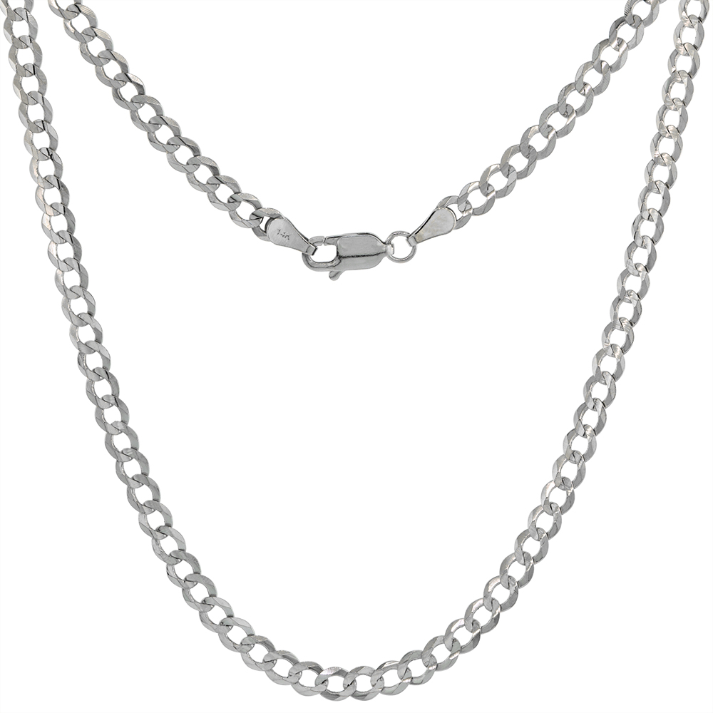 Solid 14k White Gold 4mm Cuban Link Curb Chain Necklaces & Bracelets for Women & Men Concave Cut Lobster Clasp High Polish 7-30 inch
