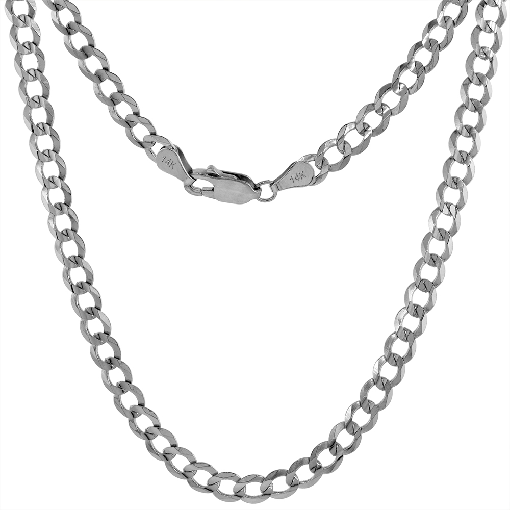 Solid 14k White Gold 5mm Cuban Link Curb Chain Necklaces & Bracelets for Women & Men Concave Cut Lobster Clasp High Polish 7-30 inch
