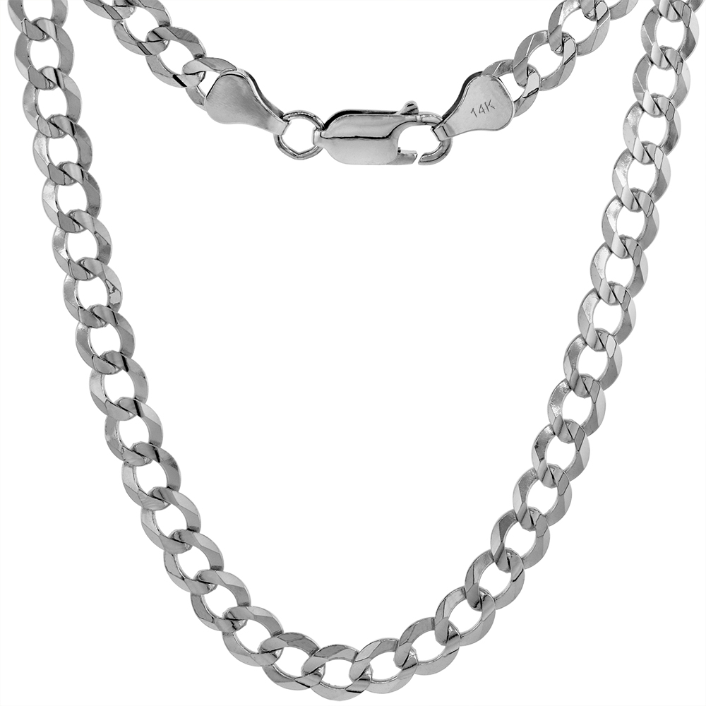 Solid 14k White Gold 6mm Cuban Link Curb Chain Necklaces & Bracelets for Men & Women Concave Cut Lobster Clasp High Polish 7-30 inch
