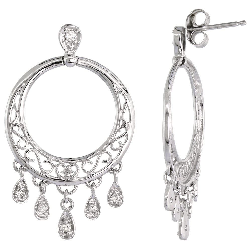 14k White Gold Chandelier Earrings for Women Diamond Drops Filigree Design 0.16 ct 1 1/4 inch