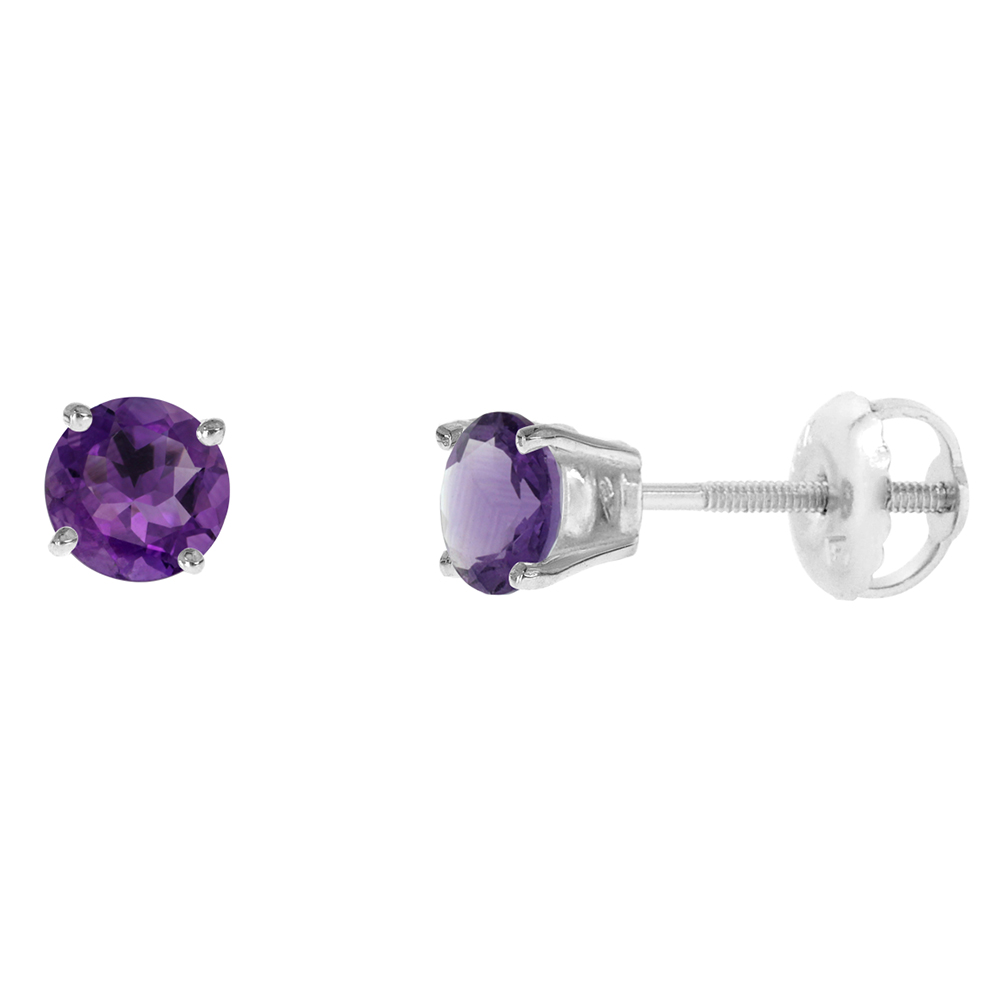 4mm 14k White Gold Natural Amethyst Stud Earrings Screw Back Round 0.5 cttw/pr