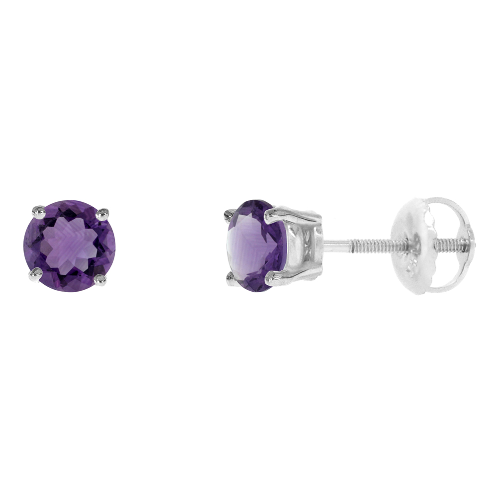 5mm 14k White Gold Natural Amethyst Stud Earrings Screw Back Round 1 cttw/pr