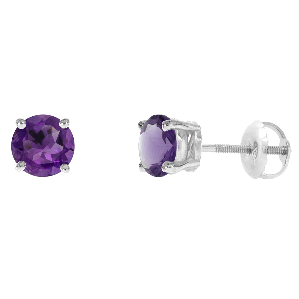 6mm 14k White Gold Natural Amethyst Stud Earrings Screw Back Round 2 cttw/pr