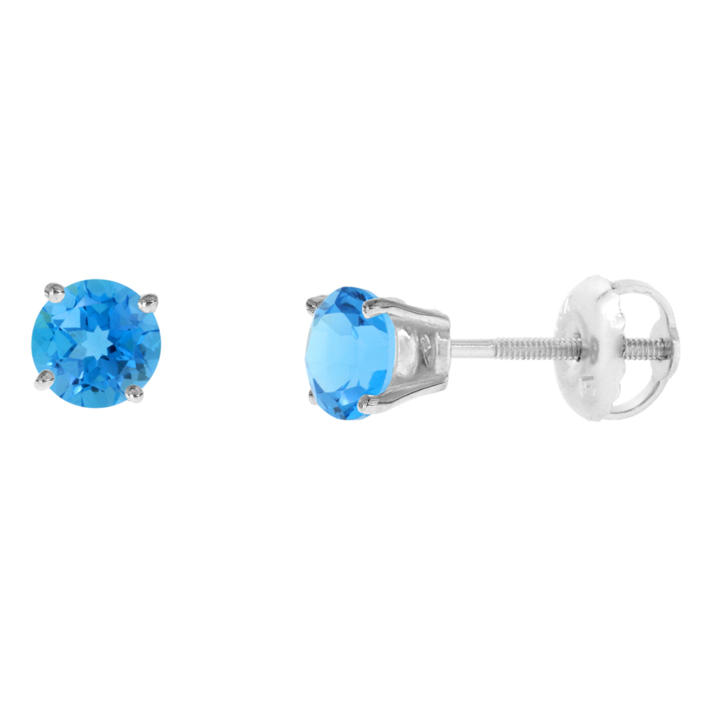 4mm 14k White Gold Natural Swiss Blue Topaz Stud Earrings Screw Back Round 0.5 cttw/pr