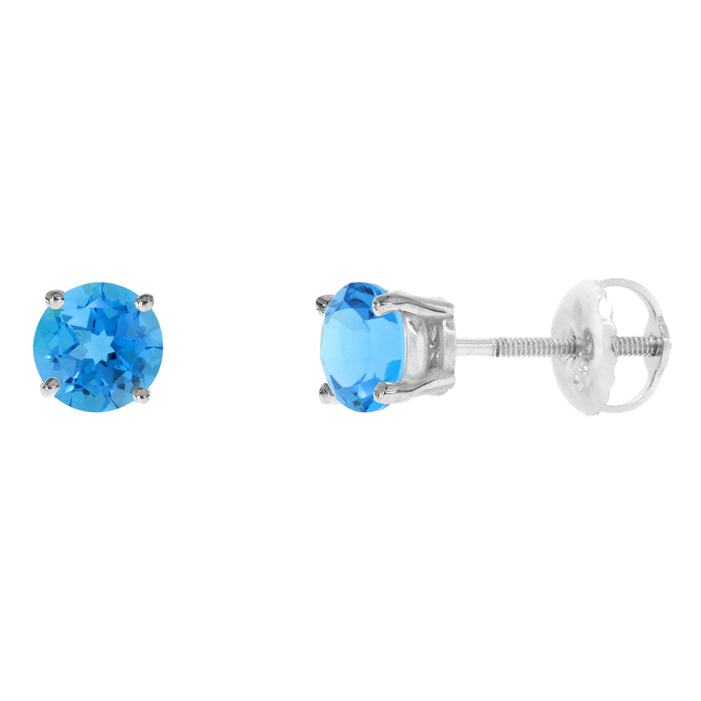 5mm 14k White Gold Natural Swiss Blue Topaz Stud Earrings Screw Back Round 1 cttw/pr