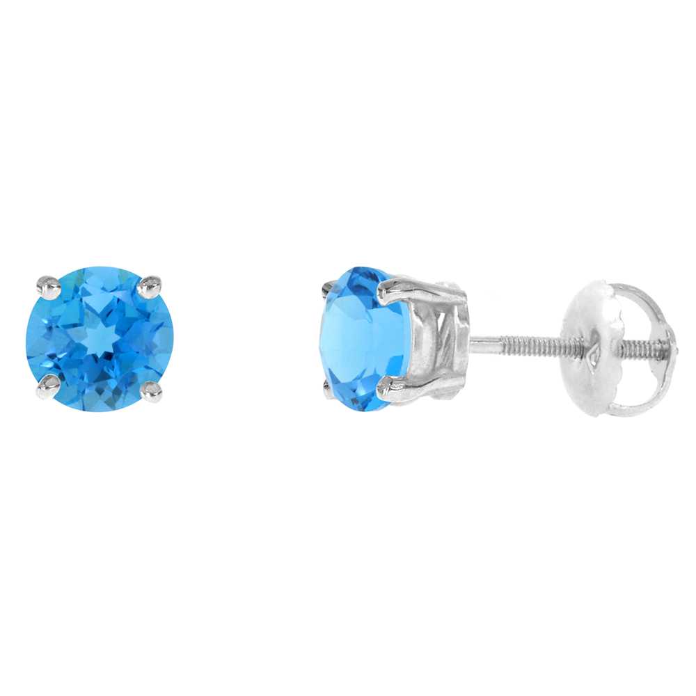6mm 14k White Gold Natural Swiss Blue Topaz Stud Earrings Screw Back Round 2 cttw/pr