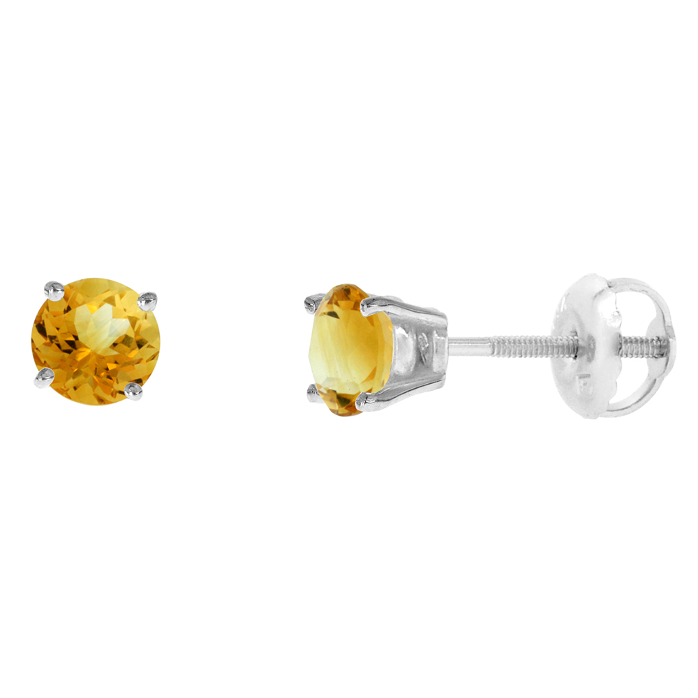 4mm 14k White Gold Natural Citrine Stud Earrings Screw Back Round 0.5 cttw/pr