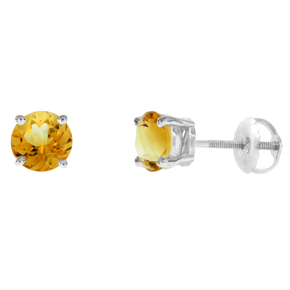 6mm 14k White Gold Natural Citrine Stud Earrings Screw Back Round 2 cttw/pr