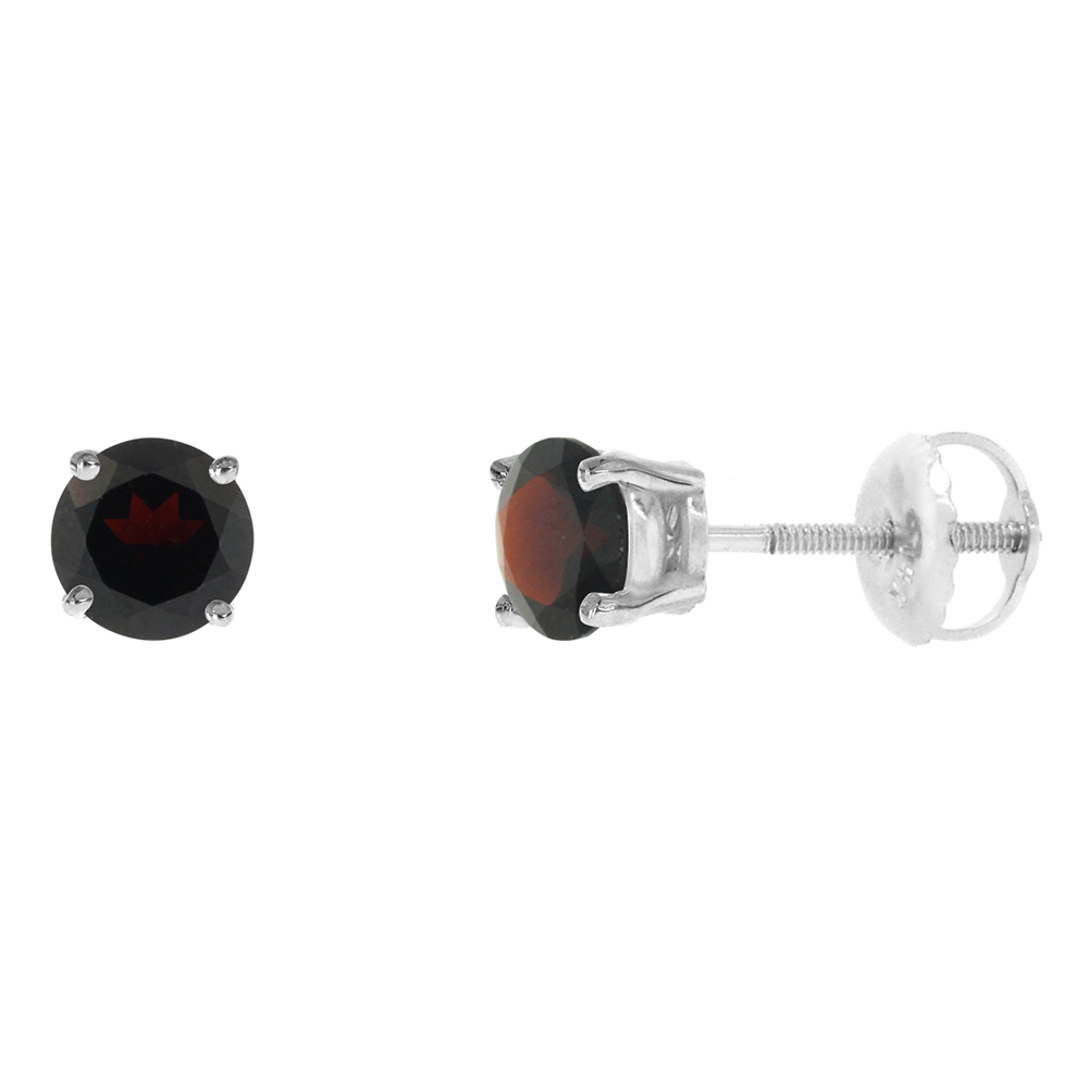 5mm 14k White Gold Natural Garnet Stud Earrings Screw Back Round 1 cttw/pr